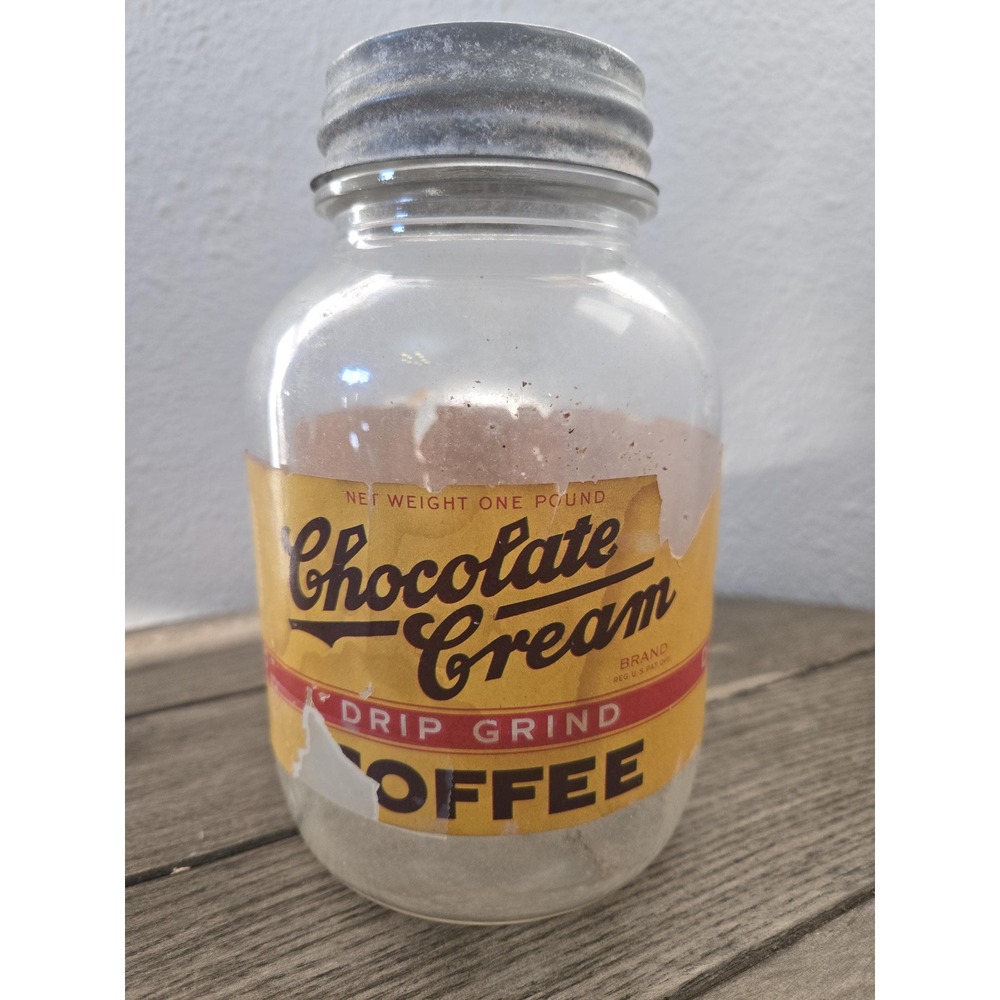 Vintage Chocolate Cream Drip Grind Coffee 1 Lb Jar Paper Label Zinc Lid Rustic